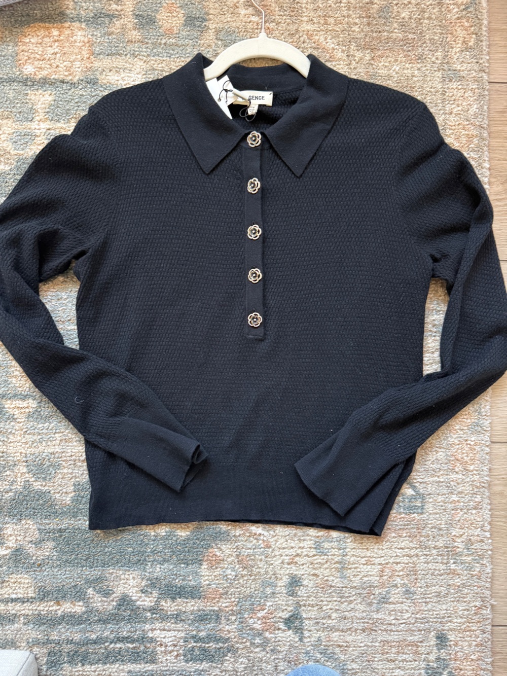 L'AGENCE Black Knit Sweater with Floral Button Placket